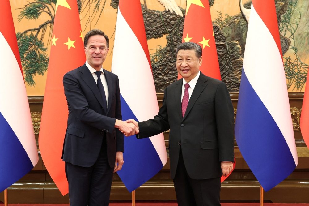 Chinese President Xi Jinping meets Prime Minister of the Netherlands Mark Rutte at the Great Hall of the People in Beijing March 27, 2024. — China Daily pic via Reuters 