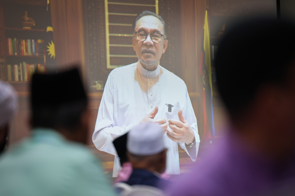 Prime Minister Datuk Seri Anwar Ibrahim in a video message which was shown at the International Day of Al-Azhar celebration at the Academy of Islamic Studies, Universiti Malaya, March 29, 2024. — Bernama pic 