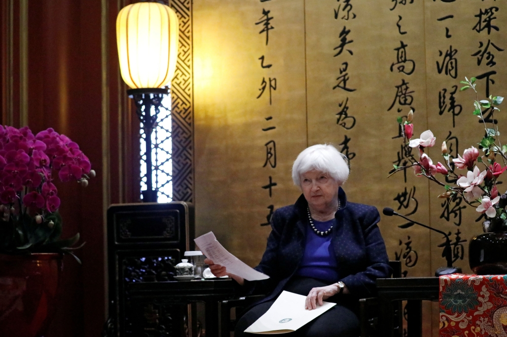 US Treasury Secretary Janet Yellen attends a meeting with Beijing Mayor Yin Yong (not pictured) in Beijing, China April 7, 2024. — Reuters pic