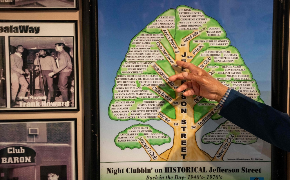 Lorenzo Washington, curator of the Jefferson Street Sound museum, points to a tree showing the history of clubs and the various musicians who played them in Nashville, Tennessee on March 15, 2024. — AFP pic