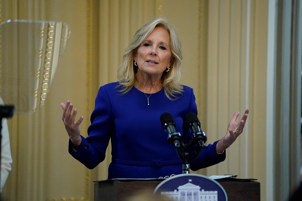 File photo of US First Lady Jill Biden speaking in Washington, DC, on April 10, 2024. — AFP pic