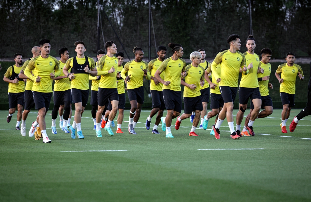 File picture of members of the Harimau Malaya squad training in Doha January 17, 2024. FAM president Datuk Hamidin Mohd Amin said the additional security measures would include the safety of players when attending centralised training, during match day and when they are overseas on official duty. — Bernama pic