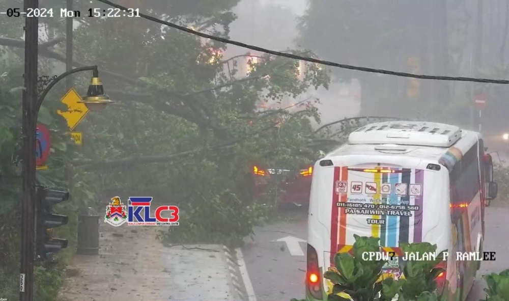 Based on images that are being shared on social media, said to be from a Kuala Lumpur Command and Control Centre (KLCCC) traffic camera, the tree has fallen across the road, blocking all lanes and leading to its temporary closure to traffic. — Picture from social media 