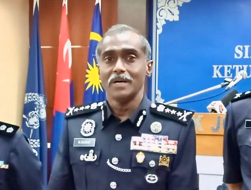 Johor police chief M. Kumar speaks during a news conference at the state police headquarters May 14, 2024 — Picture by Ben Tan