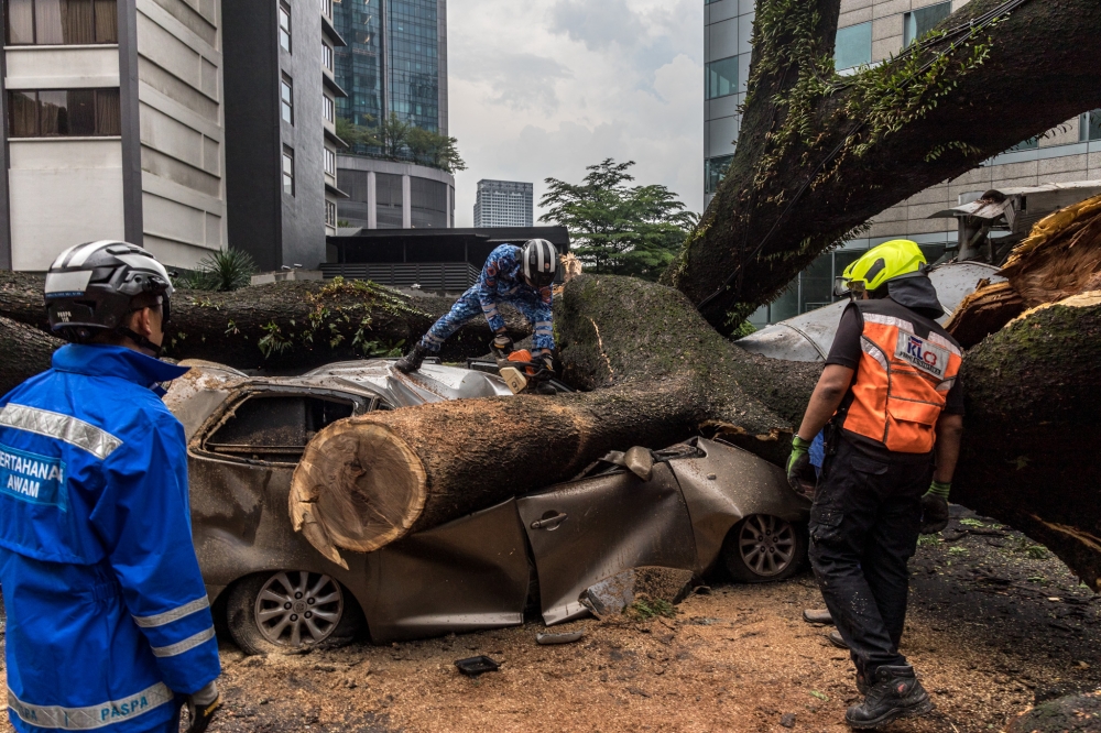 Rescue personnel at the scene where a huge tree fell on 17 vehicles during a thunderstorm and heavy rain along Jalan Sultan Ismail, May 7, 2024. — Picture by Firdaus Latif
