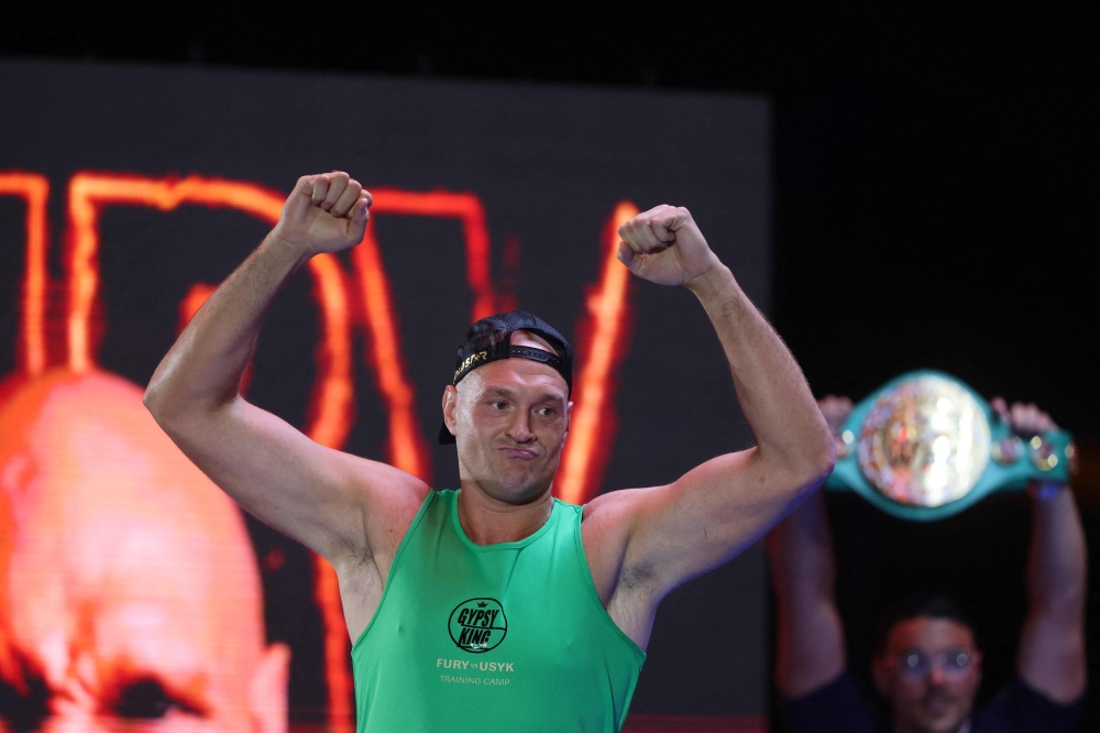 British boxer Tyson Fury reacts as he trains in Riyadh on May 15, 2024 ahead of his heavyweight world title figh against Ukrainian Oleksandr Usyk on May 18. — AFP pic