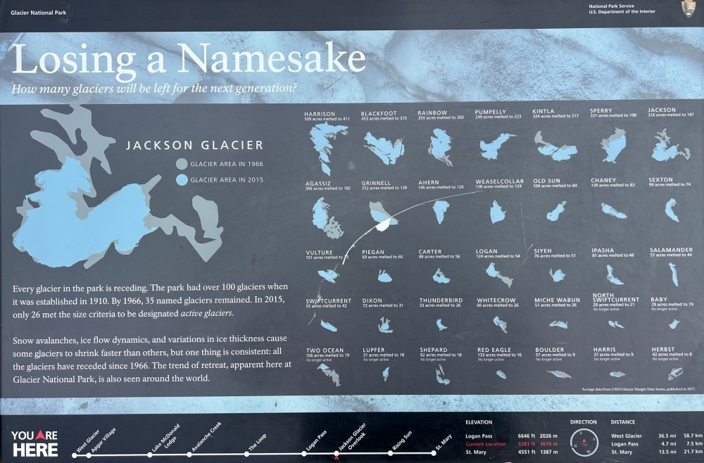 A sign lists how much the glaciers in Glacier National Park in Montana have shrunk at the Jackson Glacier Overlook on October 20, 2023. Families from all over America flock to these wilderness havens to create memories that will last. Conserving the nation's 63 national parks is a rare point of political convergence in a sharply divided country. — AFP pic