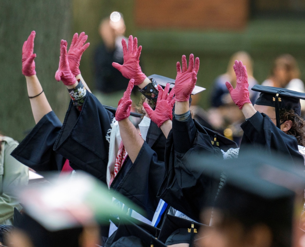 Graduates protest the conflict between Israel and the Palestinian Islamist group Hamas, during the commencement at Yale University, New Haven, Connecticut May 20, 2024. — Reuters pic