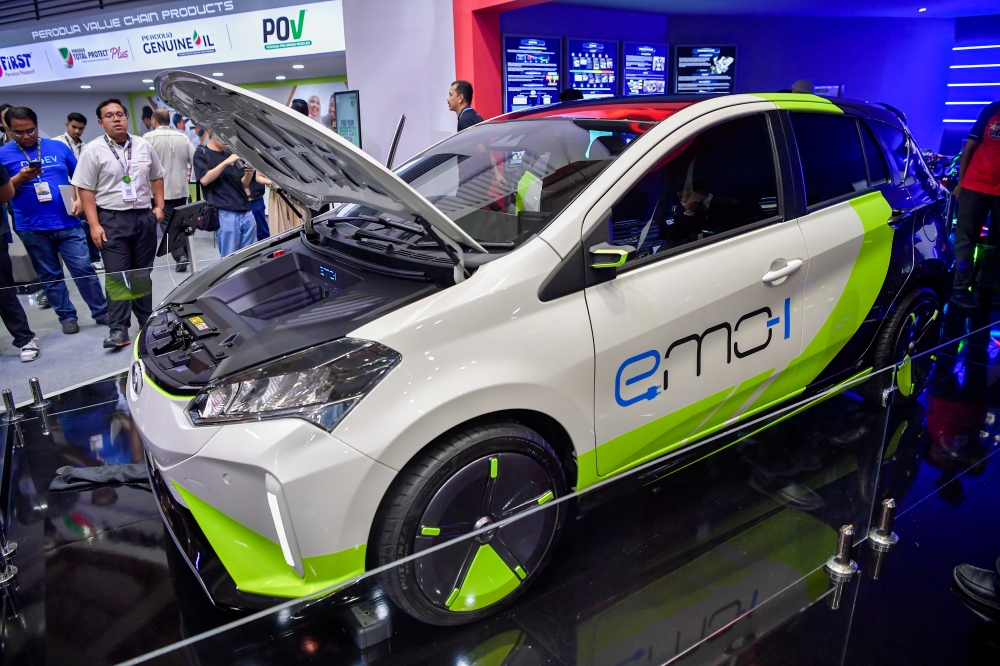 The first EV prototype product known as Myvi Emo-1 is seen at the Malaysia AutoShow 2024 at the Malaysia Agricultural Expo Park (MAEPS) in Serdang May 21, 2024. — Bernama pic