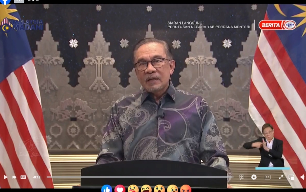 Prime Minister Datuk Seri Anwar Ibrahim said the government’s move to review the Public Service Remuneration System (SSPA) sends a clear message to the private sector not to prioritise high profits at the expense of their employees. — Screengrab from Facebook/Anwar Ibrahim