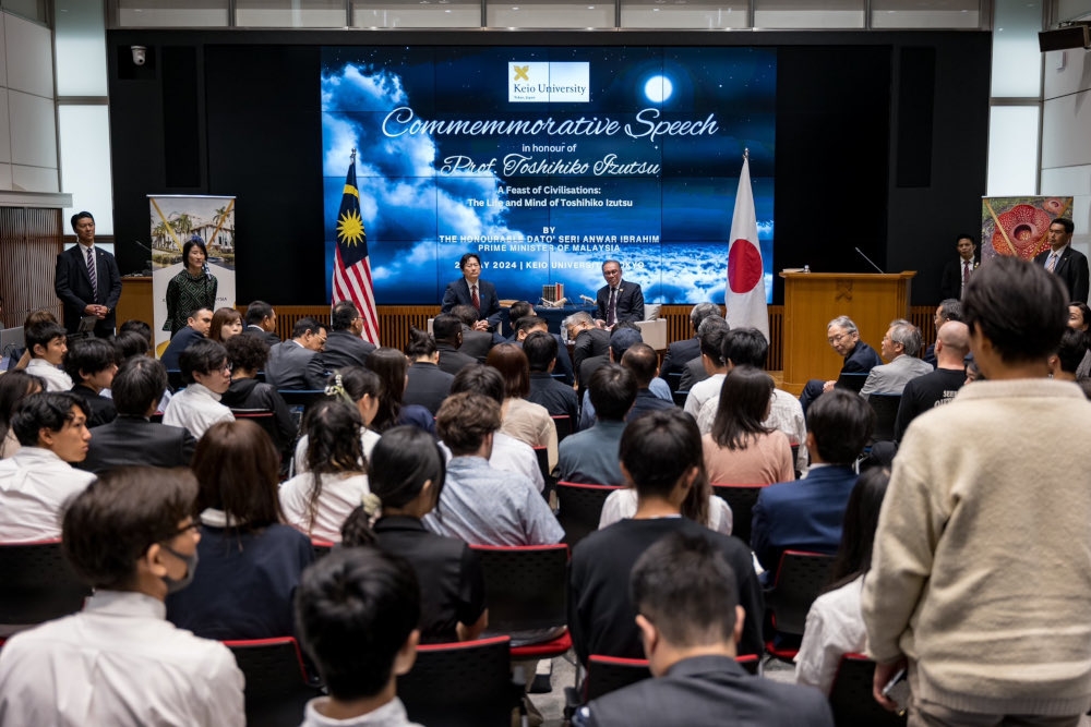 Prime Minister Datuk Seri Anwar Ibrahim during his commemorative speech honouring the late Professor Toshihiko Izutsu at Keio University in Tokyo, May 24, 2024. — Picture from X/Anwar Ibrahim 