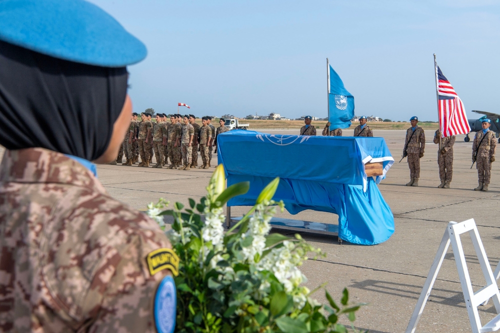 Present at the military honours ceremony for the late Sergeant Faridah Abd Rahman were Unifil Commander Lt Gen Aroldo Lazaro, Malaysian Ambassador to Lebanon Azri Mat Yaacob, Commander of the 5th Brigade (LAF) Brig Gen Ahmad Saadeh, Western Sector Commander Brig Gen Enrico Fontana, and Malbatt 850-11 Commander Colonel Burhan Sagoni. — Picture from Facebook/Unifil-PIO