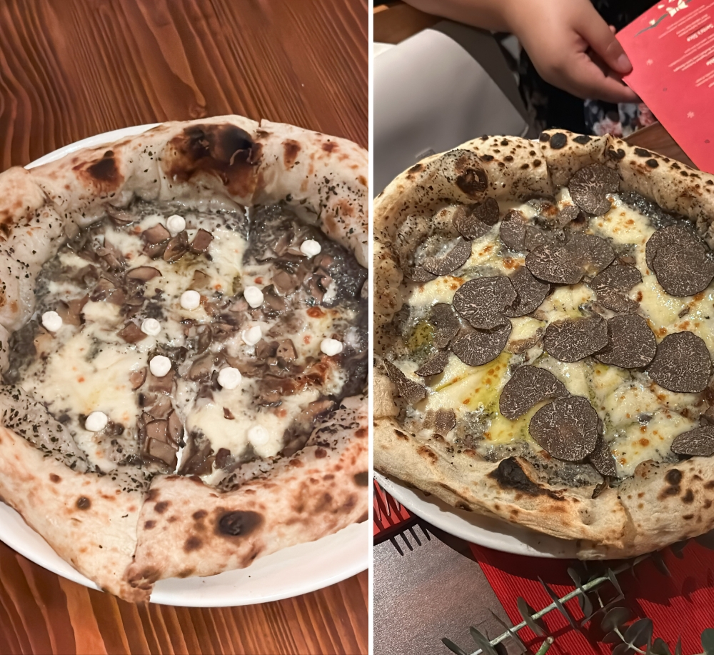 Shroomami is the bestselling pizza with its irresistible combination of portobellini mushroom, ricotta and truffle salsa (left). For the Christmas party, the Shroomami 2.0 showcased freshly grated black truffle (right).