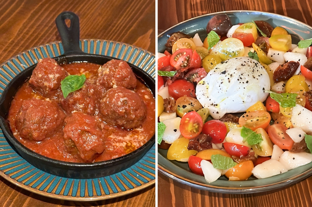 Kick start your meal here with Nonna's Beef Meatballs with that rich tomato sauce (left). For a refreshing starter, the Burrata Salad is a combination of tomatoes, pears and creamy burrata with basil oil (right).