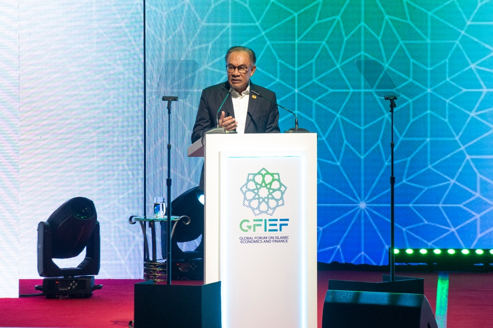 Prime Minister Datuk Seri Anwar Ibrahim speaks during the Global Forum on Islamic Economics and Finance at the KL Convention Centre in Kuala Lumpur May 28, 2024. — Picture by Shafwan Zaidon