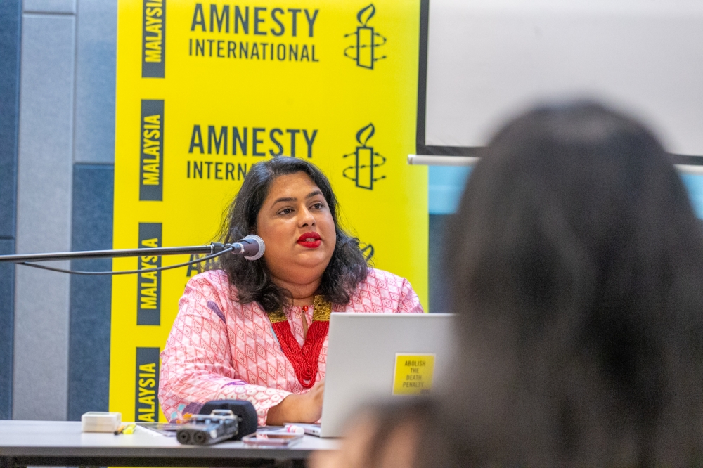 Katrina Jorene Maliamauv, executive director of Amnesty International Malaysia, speaks to the media during a press conference in Petaling Jaya, May 29,2024. —Picture by Raymond Manuel