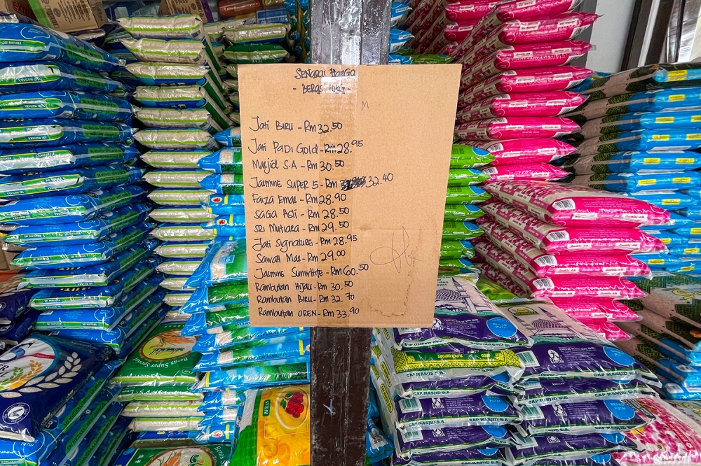 Packs of rice on sale at a grocery shop in Shah Alam, August 23, 2023. — Picture by Miera Zulyana