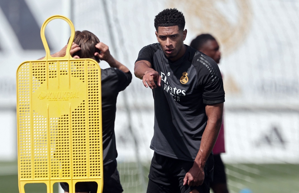 Real Madrid's Jude Bellingham during a training session at the Santiago Bernabeu stadium in Madrid on May 27, 2024 ahead of their Champions League final against Borussia Dortmund. ― AFP pic