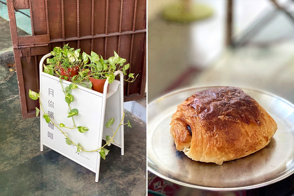 The café’s leafy theme begins at the entrance (left). 'Pain au chocolat' (right).