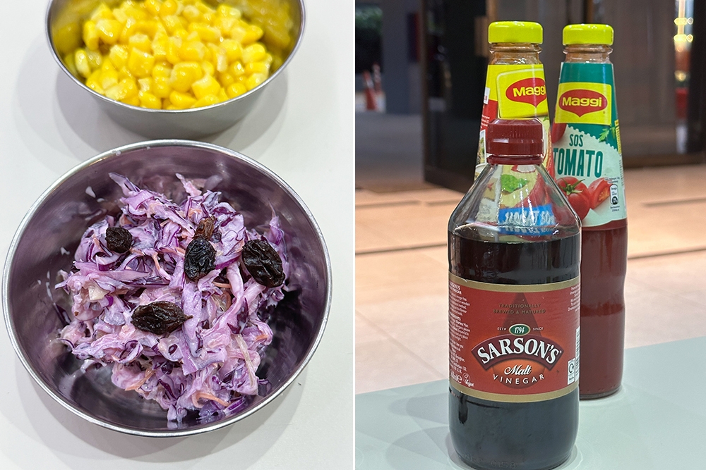 Side dishes include a choice of corn or their homemade slaw made with shredded purple cabbage tossed in a creamy house dressing and sultanas (left). Here, you can go totally British by dousing your fries with Sarson's malt vinegar, one of the oldest vinegar companies in Britain that prepares their vinegar using malted barley (right).