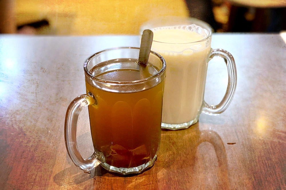 Herbal tea and sugar-free soy milk.