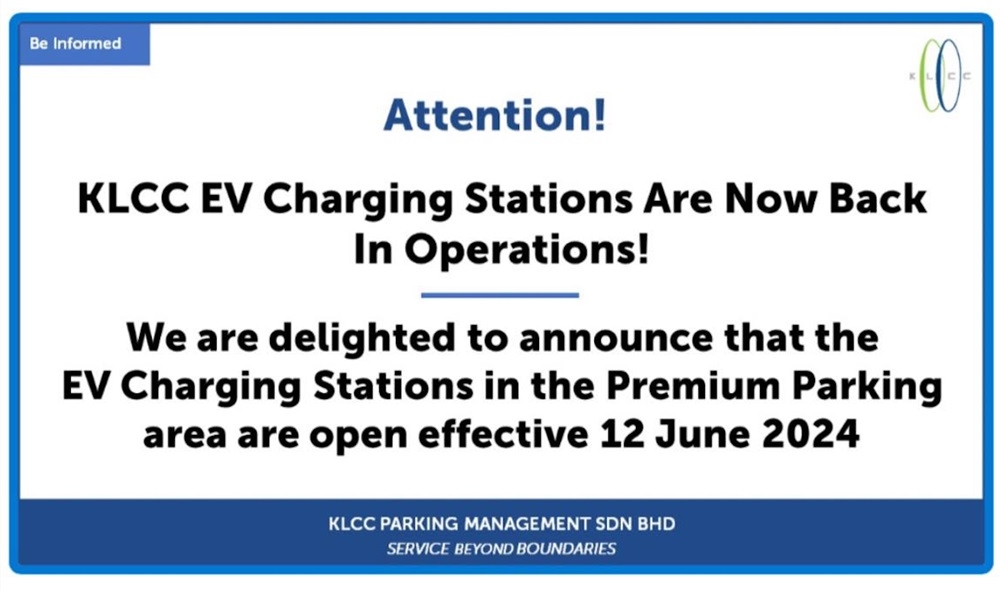 The reactivation of the Premium Parking EV chargers was officially announced by the KLCC Parking Management via email to Suria KLCC Parking Season Card holders, according to Nazhri Zain who has shared a screenshot of the announcement on the Malaysia EV Owners Club Facebook page. — Picture via Facebook/Malaysian Electric Vehicle Owners Club/Nazhri Zain