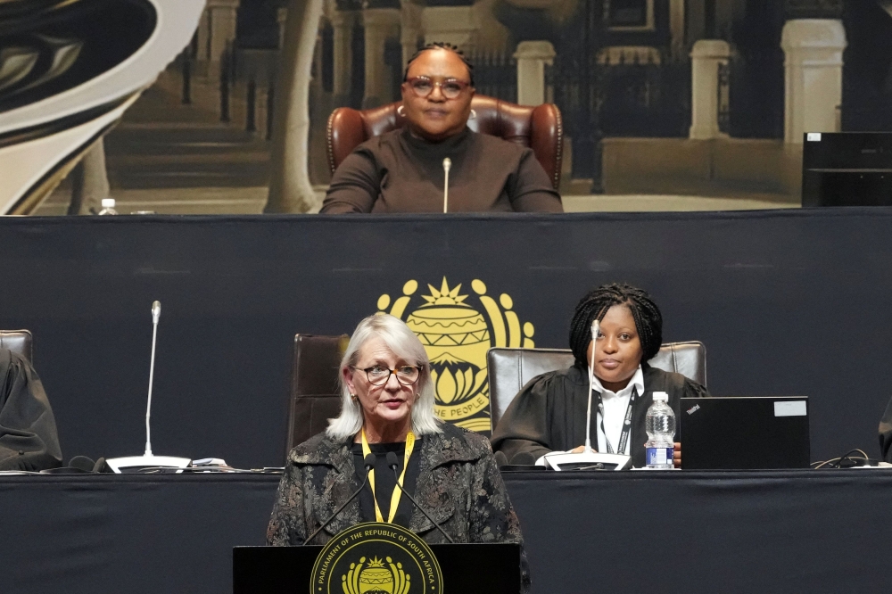 Newly elected Deputy Speaker of Parliament Annelie Lotriet addresses the first sitting of the National Assembly following elections at the Cape Town International Convention Center (CTICC) in Cape Town, South Africa June 14, 2024. — Reuters pic