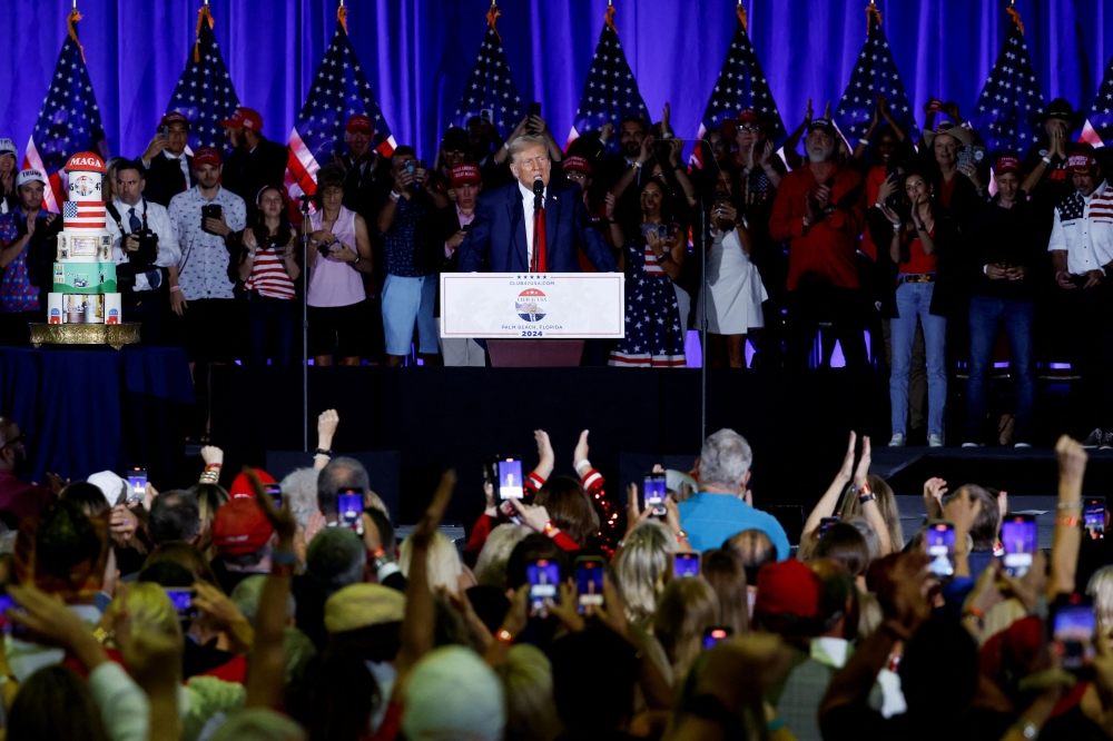 Former US President and Republican presidential candidate Donald Trump speaks at a rally and celebration of his birthday at the Palm Beach County Convention Centre, in West Palm Beach, Florida, US, June 14, 2024. — Reuters pic