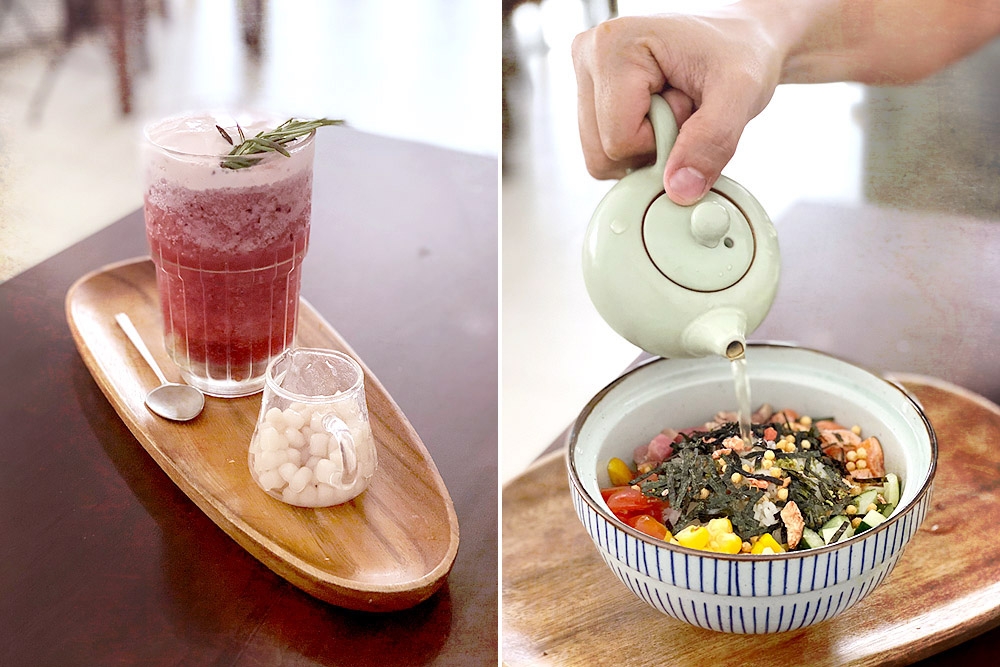 Grapes Melting (left). Pouring the hot green tea onto the rice (right).