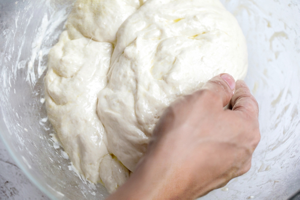 Fold the risen dough onto itself.