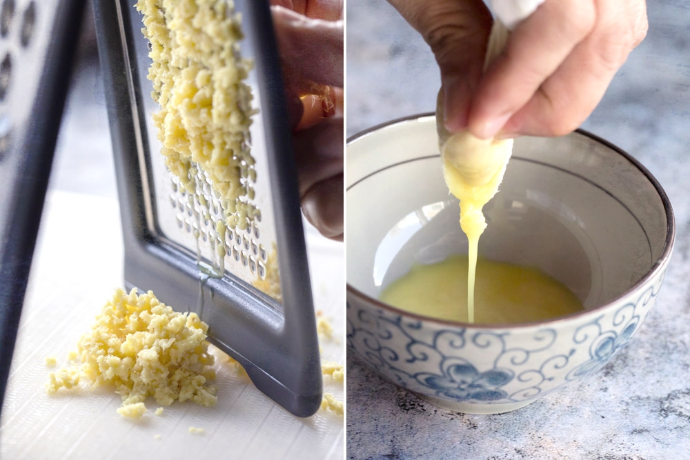 Grate the ginger before using a muslin cloth to extract the juice.