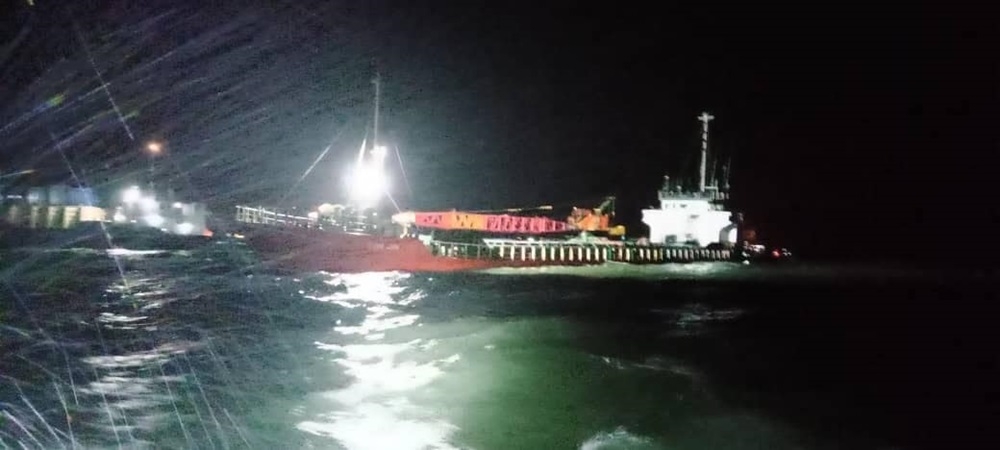 Ten crew members, including the captain of cargo ship MV Kumjin, survived after the vessel sank 2.1 nautical miles west of Tanjung Rhu, Sepang this morning. — Picture via Facebook/Malaysian Maritime Enforcement Agency