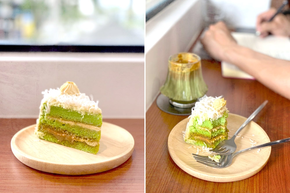 The ‘ondeh-ondeh’ cake goes well with the Dirty Matcha, and not simply due to the identical colour scheme!