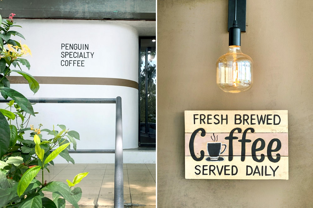 The entrance to the café and coffee roastery is framed by natural greenery.