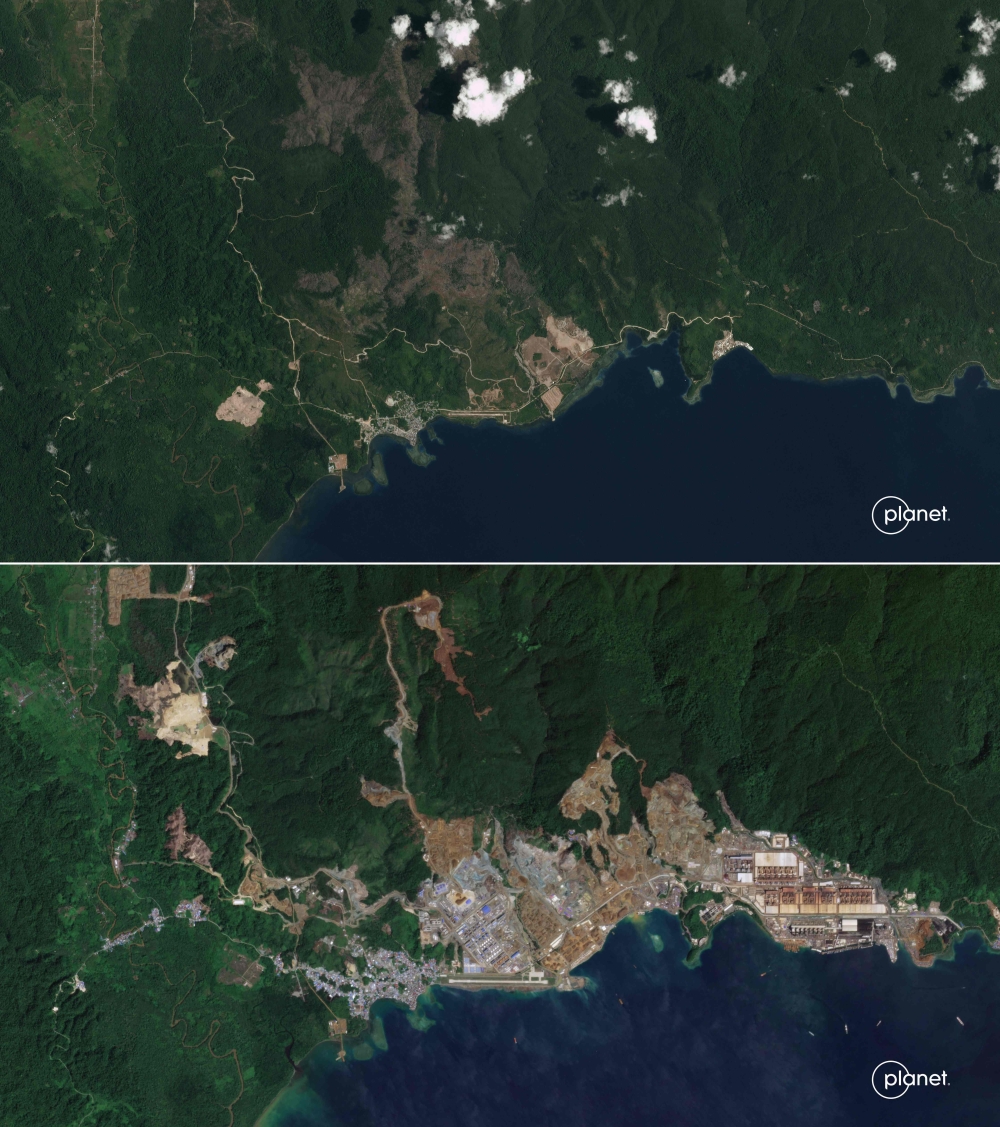 This combination of pictures created on May 31, 2024, with handout satellite images received from Planet Labs PBC on May 30, 2024, shows two overhead views of the effects of mining activity on October 4, 2016 (top) and on December 14, 2022 (bottom) at a territory inhabited by the O'Hongana Manyawa indigenous group in Central Halmahera Regency on Indonesia's Halmahera Island. — Planet Labs PBC handout pic via AFP