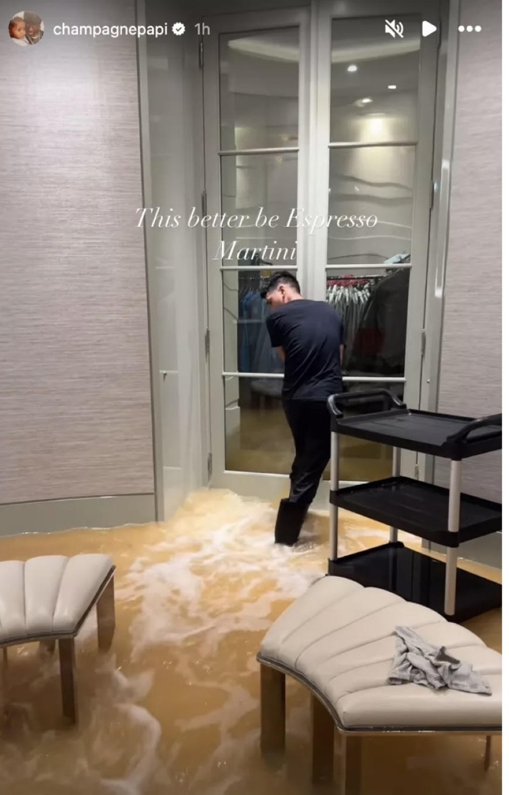 He shared a video, showing brown water inundating his otherwise pristine foyer. — Picture via Instagram/champagnepapi