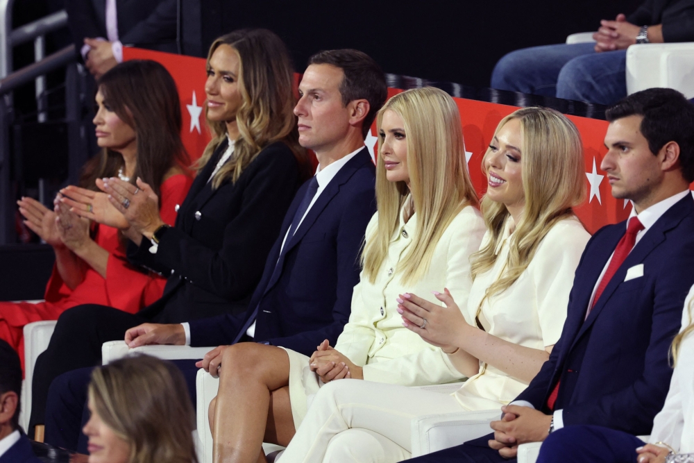 Kimberly Guilfoyle, Lara Trump, Jared Kushner, Ivanka Trump, Michael Boulos, and Tiffany Trump look on as Republican presidential nominee and former US President Donald Trump speaks on Day 4 of the Republican National Convention (RNC), at the Fiserv Forum in Milwaukee, Wisconsin July 18, 2024. — Reuters pic  