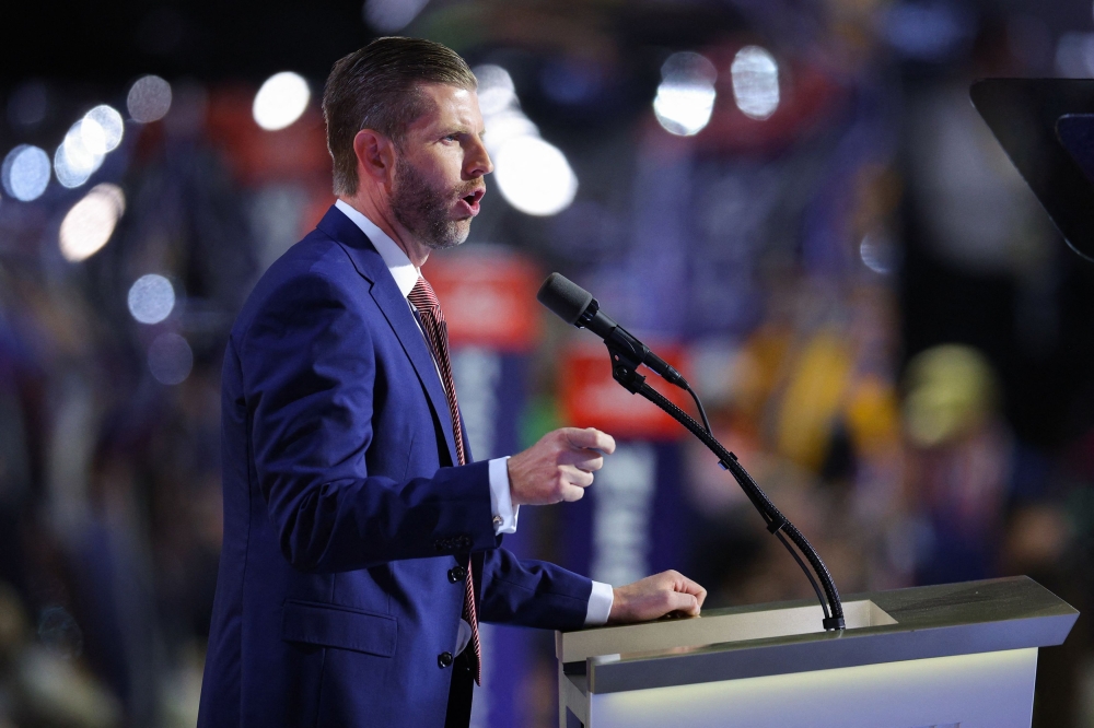 Eric Trump speaks on Day 4 of the Republican National Convention (RNC), at the Fiserv Forum in Milwaukee, Wisconsin July 18, 2024. — Reuters pic  