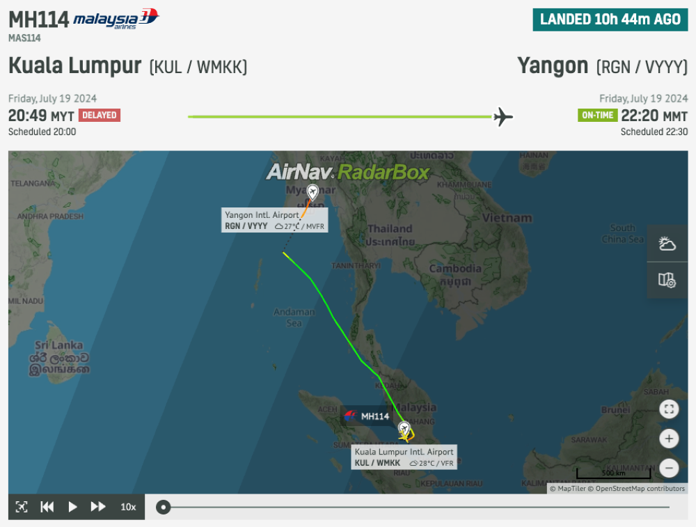 Screenshot of Radarbox showing the Flight MH114.