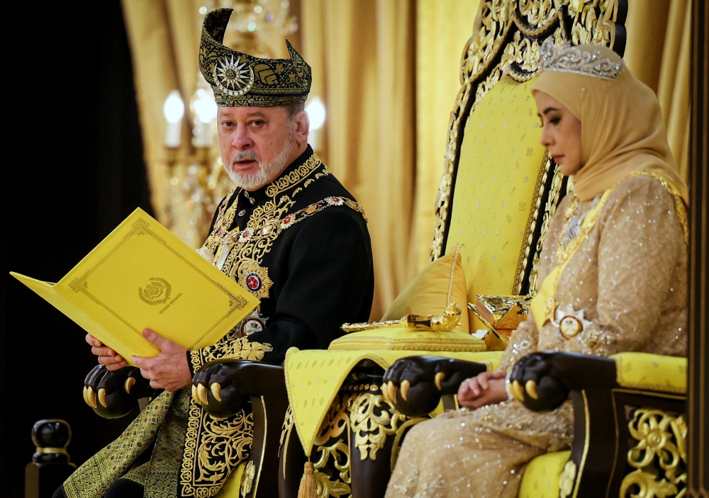 His Majesty Sultan Ibrahim, King of Malaysia, reads the royal address during the Installation Ceremony of His Majesty Sultan Ibrahim as the 17th King of Malaysia at Istana Negara in Kuala Lumpur July 20, 2024. — Bernama pic