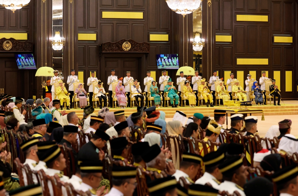 The Malay Rulers and Sultan of Brunei Sultan Hassanal Bolkiah are seen during the Installation Ceremony of His Majesty Sultan Ibrahim as the 17th King of Malaysia at Istana Negara in Kuala Lumpur July 20, 2024. — Bernama pic