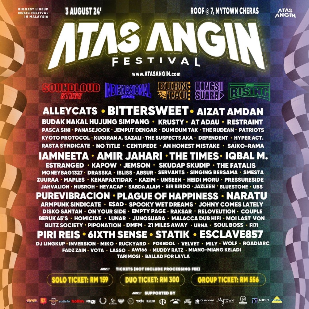 The full lineup for Atas Angin 2024 taking place this August 3 at the rooftop of MyTown, Cheras in KL. — Picture courtesy of Atas Angin