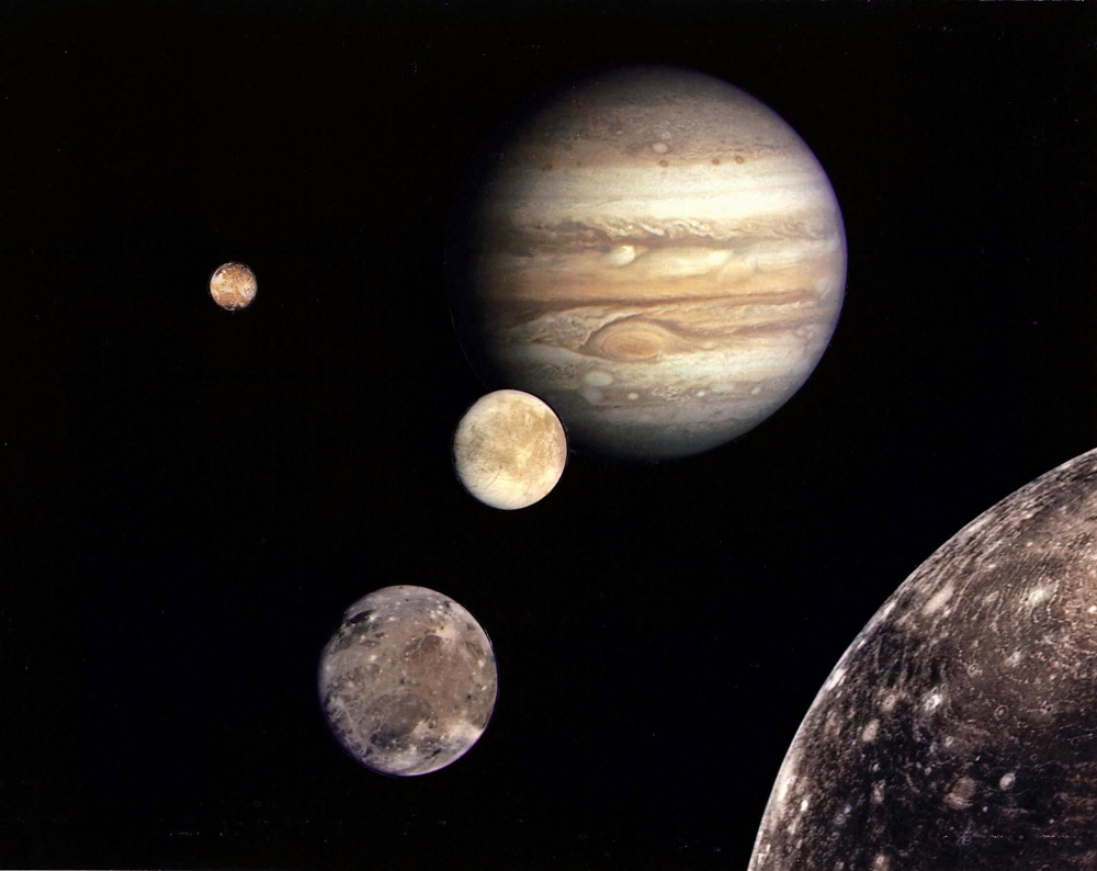 This Nasa file handout image obtained on July 3, 2003 shows Jupiter (back) and its four planet-size moons, called the Galilean satellites, photographed in early March 1979 by Voyager 1 and assembled into this collage. A spacecraft that launched in April 2023 will slingshot back around Earth and the Moon in August 2024 in a high-stakes, worlds-first manoeuvre as it pinballs its way through the Solar System to Jupiter. — Handout pic by Nasa via AFP 