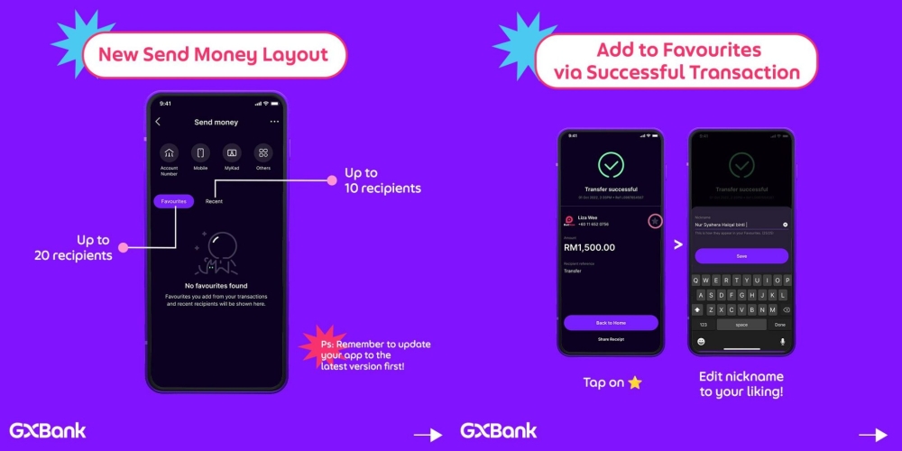 GXBank users can add up to 20 favourite recipients, while the recent tab will show up to 10 accounts of your recent fund transfers. — SoyaCincau pic via Gxbank