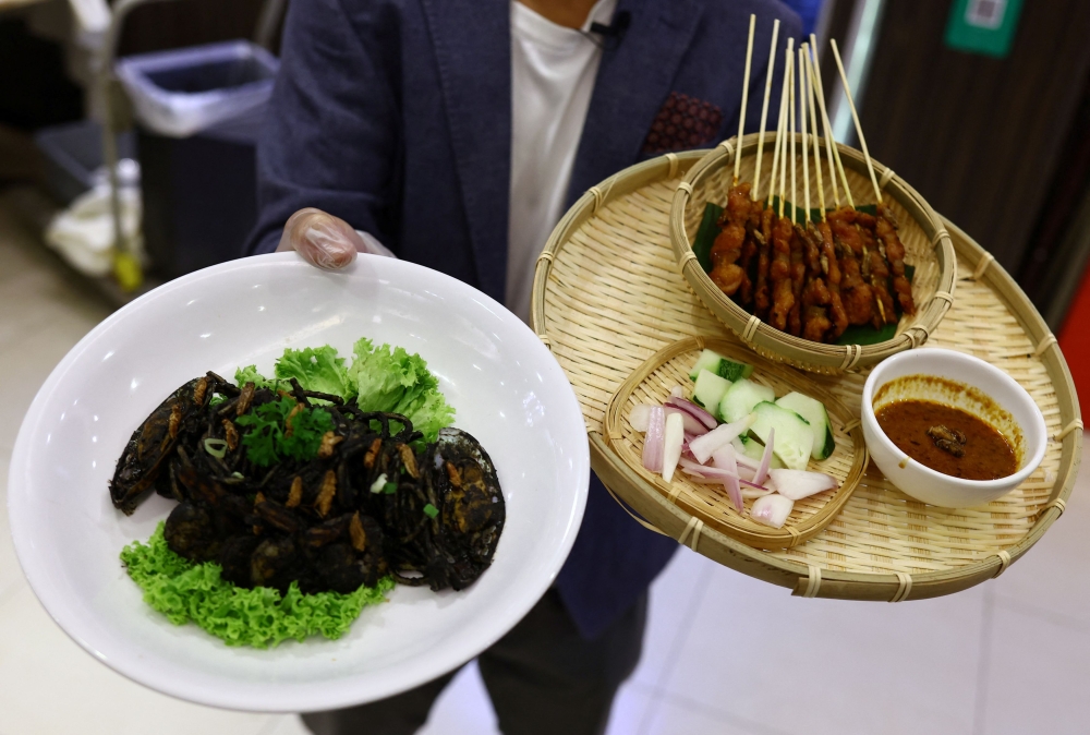 Restaurant owner Francis Ng shows squid ink pasta and satay sprinkled with house crickets during a showcase of insect-based dishes at the House of Seafood restaurant in Singapore. — Reuters pic