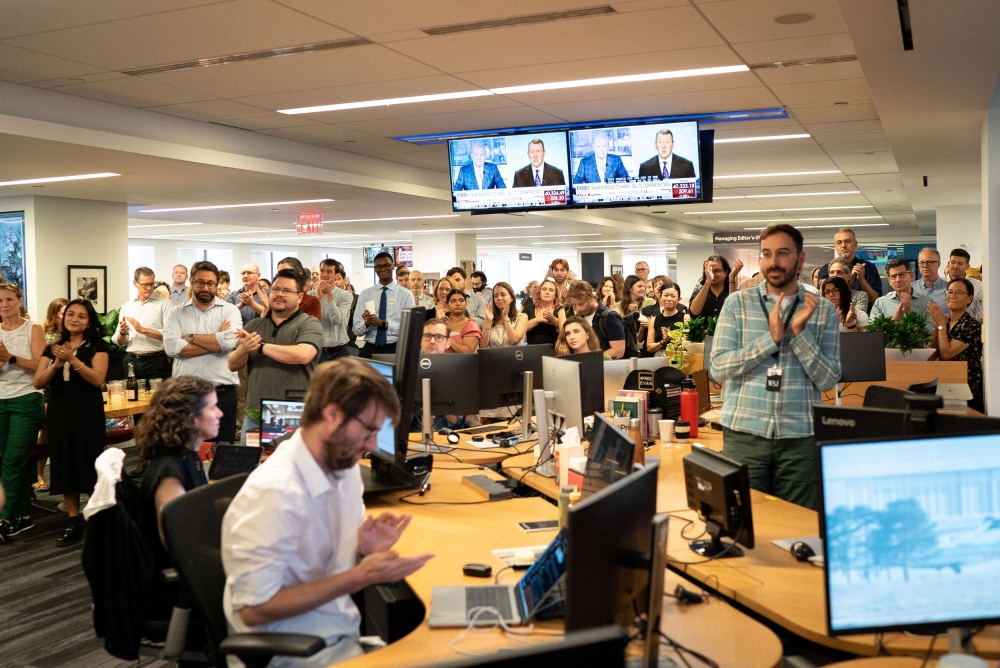 The Wall Street Journal editors and reporters listen to Editor-in-Chief Emma Tucker speak about Evan Gershkovich’s release after a successful prisoner exchange in Turkey between the United States and Russia, at the WSJ offices in New York August 1, 2024. — Reuters pic