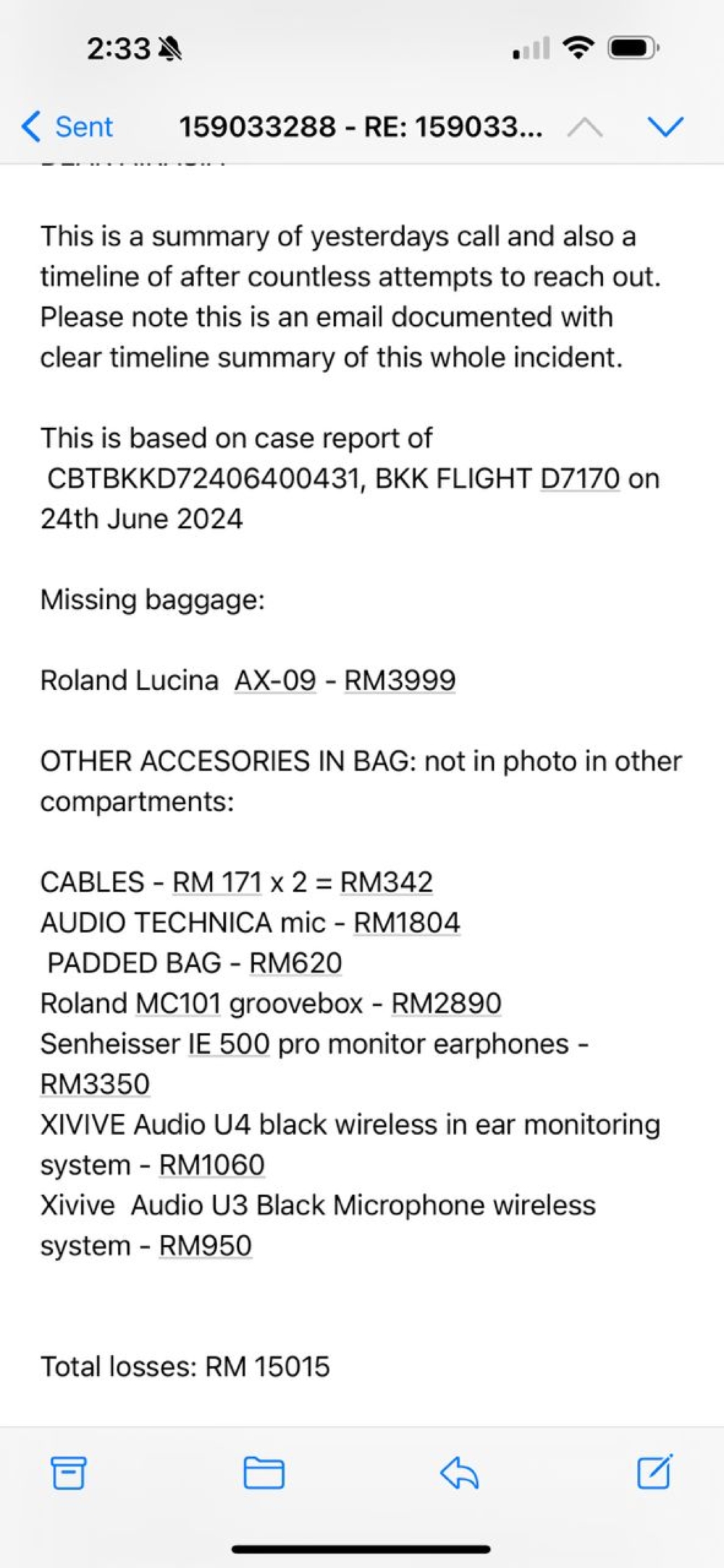 Tan’s email to AirAsia included a list of lost items along with their respective values. — Image from Nicholas Tan Tze Zhung