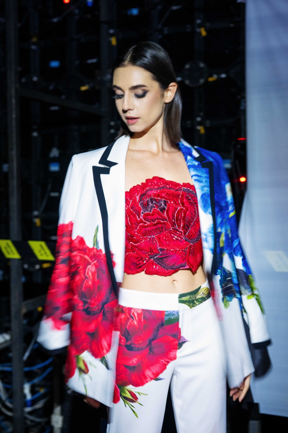 Model wearing an ensemble from Alice   Olivia on the ‘Generation Melium’ runway.