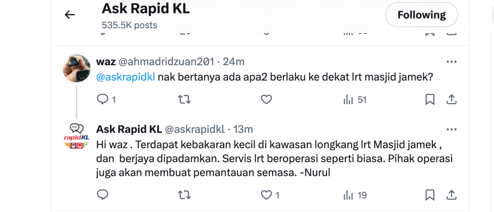 A screenshot of RapidKL’s reply on X to user waz. — Picture from X/AskRapidKL