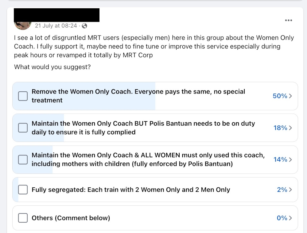 It is disturbing that men think a women’s coach is special treatment and not a safety measure because men just cannot be trusted to behave. — Screenshot from Facebook 